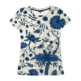 Женская футболка 3D с принтом Цветочная фантазия в Тюмени, 100% полиэфир ( синтетическое хлопкоподобное полотно) | прямой крой, круглый вырез горловины, длина до линии бедер | белый | листья | отпуск | природа | синий | цветы