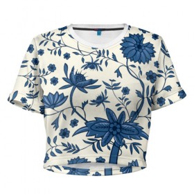 Женская футболка 3D укороченная с принтом Цветочная фантазия в Тюмени, 100% полиэстер | круглая горловина, длина футболки до линии талии, рукава с отворотами | белый | листья | отпуск | природа | синий | цветы