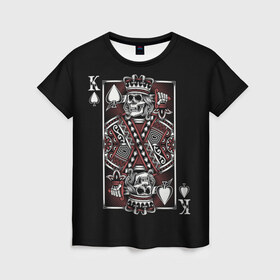 Женская футболка 3D с принтом Король пик в Тюмени, 100% полиэфир ( синтетическое хлопкоподобное полотно) | прямой крой, круглый вырез горловины, длина до линии бедер | game | king | poker | spades | suit | графика | игра | игральная | иллюстрация | казино | карта | картинка | коллаж | король | корона | мантия | масть | мода | орнамент | пики | покер | разбросаны | рисунок | символ