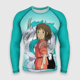 Мужской рашгард 3D с принтом Тихиро и Хаку зеленый фон в Тюмени,  |  | anime | spirited away | аниме | дракон | миядзаки | мультфильм | сэн | тихиро | унесённые призраками | хаку