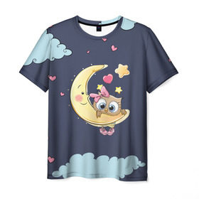 Мужская футболка 3D с принтом Ночная совушка в Тюмени, 100% полиэфир | прямой крой, круглый вырез горловины, длина до линии бедер | глазастик | девочка | звездочки | лапки | луна | маленькая | месяц | милая | милый | птенец | птичка | пушистик | сердечки | сова | совенок | совушка | сон | спокойной ночи