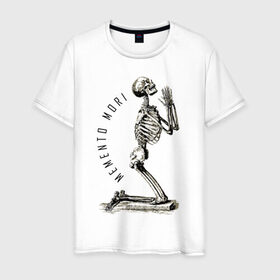 Мужская футболка хлопок с принтом Memento mori в Тюмени, 100% хлопок | прямой крой, круглый вырез горловины, длина до линии бедер, слегка спущенное плечо. | cool | creative | design | fashion | hype | life | quote | skeleton | skull | vanguard | wisdom | авангард | жизнь | креатив | круто | мода | мудрость | память | скелет | философия | хайп | цитата | череп