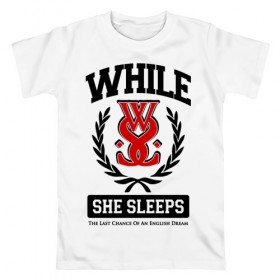 Мужская футболка хлопок с принтом While She Sleeps в Тюмени, 100% хлопок | прямой крой, круглый вырез горловины, длина до линии бедер, слегка спущенное плечо. | sleeps | while she sleeps | you are we | группы | метал | музыка | рок
