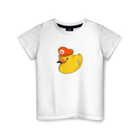 Детская футболка хлопок с принтом DUCKrio в Тюмени, 100% хлопок | круглый вырез горловины, полуприлегающий силуэт, длина до линии бедер | Тематика изображения на принте: duck | duckpack | game | gamer | желтый | игра | марио | милый | усы | утенок | утка