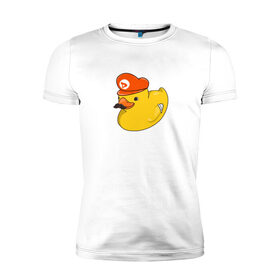Мужская футболка премиум с принтом DUCKrio в Тюмени, 92% хлопок, 8% лайкра | приталенный силуэт, круглый вырез ворота, длина до линии бедра, короткий рукав | Тематика изображения на принте: duck | duckpack | game | gamer | желтый | игра | марио | милый | усы | утенок | утка