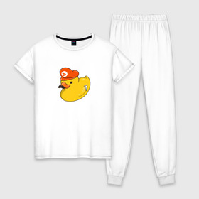 Женская пижама хлопок с принтом DUCKrio в Тюмени, 100% хлопок | брюки и футболка прямого кроя, без карманов, на брюках мягкая резинка на поясе и по низу штанин | Тематика изображения на принте: duck | duckpack | game | gamer | желтый | игра | марио | милый | усы | утенок | утка
