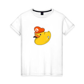Женская футболка хлопок с принтом DUCKrio в Тюмени, 100% хлопок | прямой крой, круглый вырез горловины, длина до линии бедер, слегка спущенное плечо | duck | duckpack | game | gamer | желтый | игра | марио | милый | усы | утенок | утка