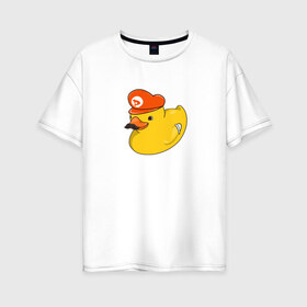 Женская футболка хлопок Oversize с принтом DUCKrio в Тюмени, 100% хлопок | свободный крой, круглый ворот, спущенный рукав, длина до линии бедер
 | Тематика изображения на принте: duck | duckpack | game | gamer | желтый | игра | марио | милый | усы | утенок | утка