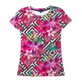 Женская футболка 3D с принтом Тропические цветы в Тюмени, 100% полиэфир ( синтетическое хлопкоподобное полотно) | прямой крой, круглый вырез горловины, длина до линии бедер | big | арт | крупные арты | крупные принты | сумаcшедшие арты