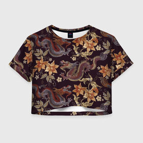 Женская футболка Cropp-top с принтом Японские драконы в Тюмени, 100% полиэстер | круглая горловина, длина футболки до линии талии, рукава с отворотами | big | арт | крупные арты | крупные принты | сумаcшедшие арты