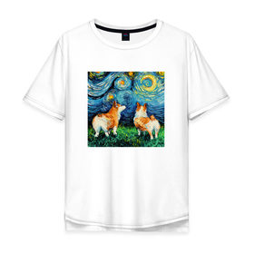 Мужская футболка хлопок Oversize с принтом Корги Ван Гога в Тюмени, 100% хлопок | свободный крой, круглый ворот, “спинка” длиннее передней части | вангог | винсент | галерея | живопись | звездная ночь | искусство | картина | краски | лувр | мазки | масло | пес | собака | холст | щенок | эрмитаж