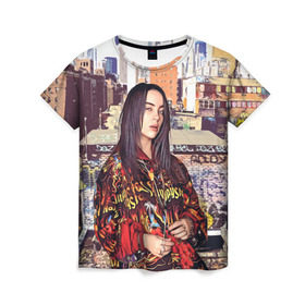 Женская футболка 3D с принтом Billie Eilish в Тюмени, 100% полиэфир ( синтетическое хлопкоподобное полотно) | прямой крой, круглый вырез горловины, длина до линии бедер | билли айлиш | певица