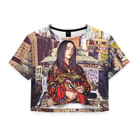 Женская футболка 3D укороченная с принтом Billie Eilish в Тюмени, 100% полиэстер | круглая горловина, длина футболки до линии талии, рукава с отворотами | билли айлиш | певица