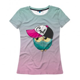 Женская футболка 3D с принтом Совенок в бейсболке в Тюмени, 100% полиэфир ( синтетическое хлопкоподобное полотно) | прямой крой, круглый вырез горловины, длина до линии бедер | 