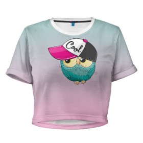 Женская футболка 3D укороченная с принтом Совенок в бейсболке в Тюмени, 100% полиэстер | круглая горловина, длина футболки до линии талии, рукава с отворотами | 