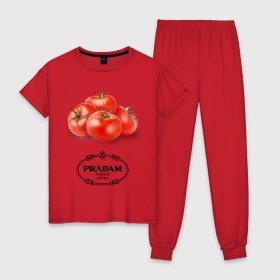 Женская пижама хлопок с принтом PRADAM в Тюмени, 100% хлопок | брюки и футболка прямого кроя, без карманов, на брюках мягкая резинка на поясе и по низу штанин | антитренд | прада