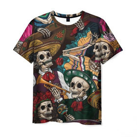 Мужская футболка 3D с принтом Мексиканская Вечеринка в Тюмени, 100% полиэфир | прямой крой, круглый вырез горловины, длина до линии бедер | party | амиго | маракасы | мексика | мехико | скелет | сомбреро | текила | черепа
