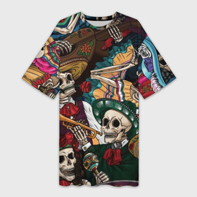 Платье-футболка 3D с принтом Мексиканская Вечеринка в Тюмени,  |  | Тематика изображения на принте: party | амиго | маракасы | мексика | мехико | скелет | сомбреро | текила | черепа