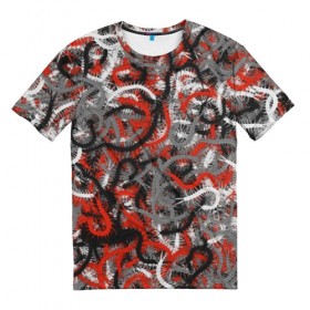 Мужская футболка 3D с принтом Сколопендры в Тюмени, 100% полиэфир | прямой крой, круглый вырез горловины, длина до линии бедер | камуфляж | красный | лапки | милитари | многоножка | насекомые | орнжевый | паттрен | серый | сороконожка | узор