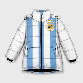 Зимняя куртка для девочек 3D с принтом Сборная Аргентины в Тюмени, ткань верха — 100% полиэстер; подклад — 100% полиэстер, утеплитель — 100% полиэстер. | длина ниже бедра, удлиненная спинка, воротник стойка и отстегивающийся капюшон. Есть боковые карманы с листочкой на кнопках, утяжки по низу изделия и внутренний карман на молнии. 

Предусмотрены светоотражающий принт на спинке, радужный светоотражающий элемент на пуллере молнии и на резинке для утяжки. | argentina | аргентина | аргентинская сборная | сборная | сборная аргентины | сборная аргентины по футболу | сборные | форма | футбол | футбольные сборные | чемпионат | чемпионат мира