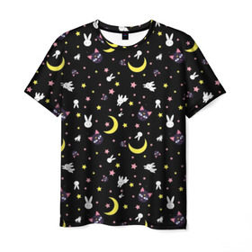 Мужская футболка 3D с принтом Sailor Moon Pattern в Тюмени, 100% полиэфир | прямой крой, круглый вырез горловины, длина до линии бедер | Тематика изображения на принте: аниме | детский | зайчик | зая | звезды | кролик | луна в матроске | матросска | месяц | милота | милый | небо | паттерн | сейлор мун | черный