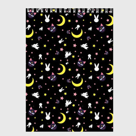 Скетчбук с принтом Sailor Moon Pattern в Тюмени, 100% бумага
 | 48 листов, плотность листов — 100 г/м2, плотность картонной обложки — 250 г/м2. Листы скреплены сверху удобной пружинной спиралью | аниме | детский | зайчик | зая | звезды | кролик | луна в матроске | матросска | месяц | милота | милый | небо | паттерн | сейлор мун | черный