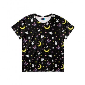 Детская футболка 3D с принтом Sailor Moon Pattern в Тюмени, 100% гипоаллергенный полиэфир | прямой крой, круглый вырез горловины, длина до линии бедер, чуть спущенное плечо, ткань немного тянется | Тематика изображения на принте: аниме | детский | зайчик | зая | звезды | кролик | луна в матроске | матросска | месяц | милота | милый | небо | паттерн | сейлор мун | черный