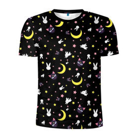 Мужская футболка 3D спортивная с принтом Sailor Moon Pattern в Тюмени, 100% полиэстер с улучшенными характеристиками | приталенный силуэт, круглая горловина, широкие плечи, сужается к линии бедра | Тематика изображения на принте: аниме | детский | зайчик | зая | звезды | кролик | луна в матроске | матросска | месяц | милота | милый | небо | паттерн | сейлор мун | черный