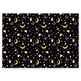 Поздравительная открытка с принтом Sailor Moon Pattern в Тюмени, 100% бумага | плотность бумаги 280 г/м2, матовая, на обратной стороне линовка и место для марки
 | Тематика изображения на принте: аниме | детский | зайчик | зая | звезды | кролик | луна в матроске | матросска | месяц | милота | милый | небо | паттерн | сейлор мун | черный