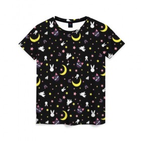 Женская футболка 3D с принтом Sailor Moon Pattern в Тюмени, 100% полиэфир ( синтетическое хлопкоподобное полотно) | прямой крой, круглый вырез горловины, длина до линии бедер | аниме | детский | зайчик | зая | звезды | кролик | луна в матроске | матросска | месяц | милота | милый | небо | паттерн | сейлор мун | черный