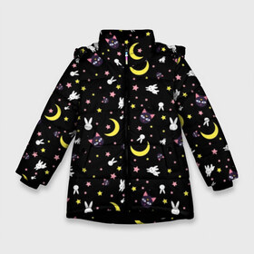 Зимняя куртка для девочек 3D с принтом Sailor Moon Pattern в Тюмени, ткань верха — 100% полиэстер; подклад — 100% полиэстер, утеплитель — 100% полиэстер. | длина ниже бедра, удлиненная спинка, воротник стойка и отстегивающийся капюшон. Есть боковые карманы с листочкой на кнопках, утяжки по низу изделия и внутренний карман на молнии. 

Предусмотрены светоотражающий принт на спинке, радужный светоотражающий элемент на пуллере молнии и на резинке для утяжки. | Тематика изображения на принте: аниме | детский | зайчик | зая | звезды | кролик | луна в матроске | матросска | месяц | милота | милый | небо | паттерн | сейлор мун | черный