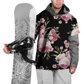 Накидка на куртку 3D с принтом Пионы на Чёрном в Тюмени, 100% полиэстер |  | Тематика изображения на принте: букет | бутон | весна | красивый | лето | листья | пион | прекрасный | роза | розочка | цветок | цветы