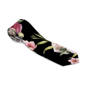Галстук 3D с принтом Пионы на Чёрном в Тюмени, 100% полиэстер | Длина 148 см; Плотность 150-180 г/м2 | букет | бутон | весна | красивый | лето | листья | пион | прекрасный | роза | розочка | цветок | цветы