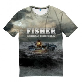 Мужская футболка 3D с принтом Профессиональный рыбак в Тюмени, 100% полиэфир | прямой крой, круглый вырез горловины, длина до линии бедер | fish | fisher | fisherman | fishman | анорак | костюм для рыбалки | костюм рыбака | лодка | непогода | подарок рыбаку | профессиональный рыбак | рыба | рыбаку | рыбалка | рыбацкая | шторм | шхуна