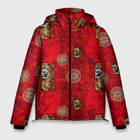 Мужская зимняя куртка 3D с принтом Китайский орнамент в Тюмени, верх — 100% полиэстер; подкладка — 100% полиэстер; утеплитель — 100% полиэстер | длина ниже бедра, свободный силуэт Оверсайз. Есть воротник-стойка, отстегивающийся капюшон и ветрозащитная планка. 

Боковые карманы с листочкой на кнопках и внутренний карман на молнии. | background | bamboo | bra | dragons | drawing | fashion | gold | illustration | pattern | picture | red | style | text | бамбук | блеск | блики | ветки | графика | драконы | золото | иероглифы | иллюстрация | картинка | китайский | красный | марки | мода 