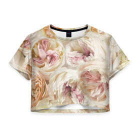 Женская футболка 3D укороченная с принтом Нежные Пионы в Тюмени, 100% полиэстер | круглая горловина, длина футболки до линии талии, рукава с отворотами | букет | красивый | милый | пион | роза | розовый | розочка | свадебный | флористика | цветок | цветы
