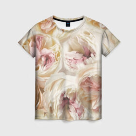 Женская футболка 3D с принтом Нежные Пионы в Тюмени, 100% полиэфир ( синтетическое хлопкоподобное полотно) | прямой крой, круглый вырез горловины, длина до линии бедер | букет | красивый | милый | пион | роза | розовый | розочка | свадебный | флористика | цветок | цветы