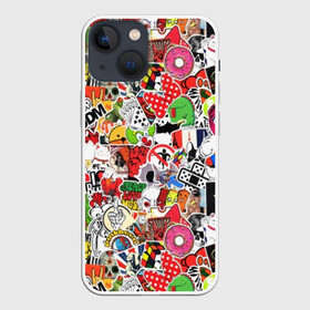 Чехол для iPhone 13 mini с принтом Sticker Bombing в Тюмени,  |  | supreme | бантик | газировка | деньги | диски | кола | кости | кубик рубика | мода | молодежный | музыка | мульт | наклейка | остороно | пончики | стикер | суприм | тренд | уточка | хаос | череп