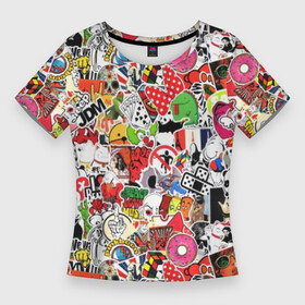 Женская футболка 3D Slim с принтом Sticker Bombing в Тюмени,  |  | supreme | бантик | газировка | деньги | диски | кола | кости | кубик рубика | мода | молодежный | музыка | мульт | наклейка | остороно | пончики | стикер | суприм | тренд | уточка | хаос | череп