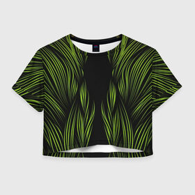 Женская футболка Cropp-top с принтом Лаймовые полосы в Тюмени, 100% полиэстер | круглая горловина, длина футболки до линии талии, рукава с отворотами | Тематика изображения на принте: abstract | dark | lines | абстракция | линии | полосы | тёмный | черный