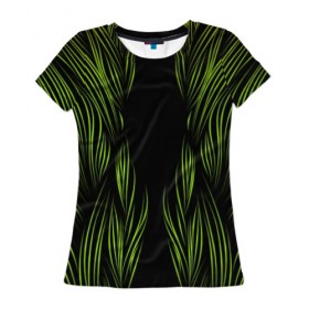 Женская футболка 3D с принтом Лаймовые полосы в Тюмени, 100% полиэфир ( синтетическое хлопкоподобное полотно) | прямой крой, круглый вырез горловины, длина до линии бедер | Тематика изображения на принте: abstract | dark | lines | абстракция | линии | полосы | тёмный | черный