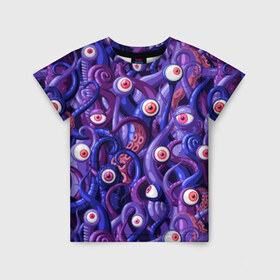 Детская футболка 3D с принтом Щупальца с глазами в Тюмени, 100% гипоаллергенный полиэфир | прямой крой, круглый вырез горловины, длина до линии бедер, чуть спущенное плечо, ткань немного тянется | Тематика изображения на принте: aliens | backgro | blue | cartoons | children | eyes | fashion | funny | monsters | purple | scary | style | весёлые | глаза | графика | детский | иллюстрация | инопланетяне | картинка | красные | мода | орнамент | персонажи | пришельцы | рисунок
