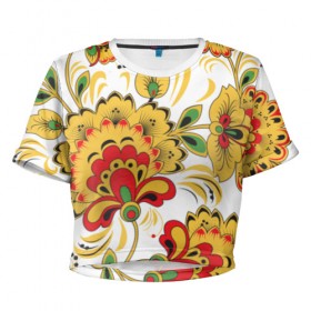 Женская футболка Cropp-top с принтом Хохлома в Тюмени, 100% полиэстер | круглая горловина, длина футболки до линии талии, рукава с отворотами | россия | хохлома | шкатулка