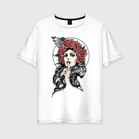 Женская футболка хлопок Oversize с принтом Девушка в стиле чикано в Тюмени, 100% хлопок | свободный крой, круглый ворот, спущенный рукав, длина до линии бедер
 | adam | isaac | jackson | ворон | женщина | перья | птица | розы | тату | цветы | эскиз
