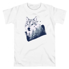 Мужская футболка хлопок с принтом Волк Абстракция в Тюмени, 100% хлопок | прямой крой, круглый вырез горловины, длина до линии бедер, слегка спущенное плечо. | abstraction | wolf | абстракция | волк | волки | лес | птицы