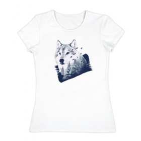Женская футболка хлопок с принтом Волк Абстракция в Тюмени, 100% хлопок | прямой крой, круглый вырез горловины, длина до линии бедер, слегка спущенное плечо | abstraction | wolf | абстракция | волк | волки | лес | птицы