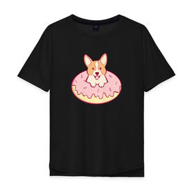 Мужская футболка хлопок Oversize с принтом Корги Пончик в Тюмени, 100% хлопок | свободный крой, круглый ворот, “спинка” длиннее передней части | Тематика изображения на принте: dog | donut | kawaii | вкусняшка | выпечка | еда | лапочка | милый | мимими | пес | песик | сладкий | собака | щенок