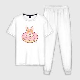 Мужская пижама хлопок с принтом Корги Пончик в Тюмени, 100% хлопок | брюки и футболка прямого кроя, без карманов, на брюках мягкая резинка на поясе и по низу штанин
 | dog | donut | kawaii | вкусняшка | выпечка | еда | лапочка | милый | мимими | пес | песик | сладкий | собака | щенок