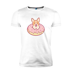 Мужская футболка премиум с принтом Корги Пончик в Тюмени, 92% хлопок, 8% лайкра | приталенный силуэт, круглый вырез ворота, длина до линии бедра, короткий рукав | dog | donut | kawaii | вкусняшка | выпечка | еда | лапочка | милый | мимими | пес | песик | сладкий | собака | щенок