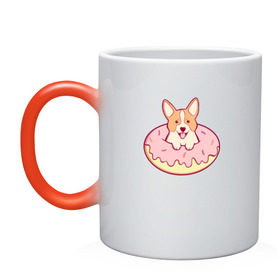 Кружка хамелеон с принтом Корги Пончик в Тюмени, керамика | меняет цвет при нагревании, емкость 330 мл | Тематика изображения на принте: dog | donut | kawaii | вкусняшка | выпечка | еда | лапочка | милый | мимими | пес | песик | сладкий | собака | щенок